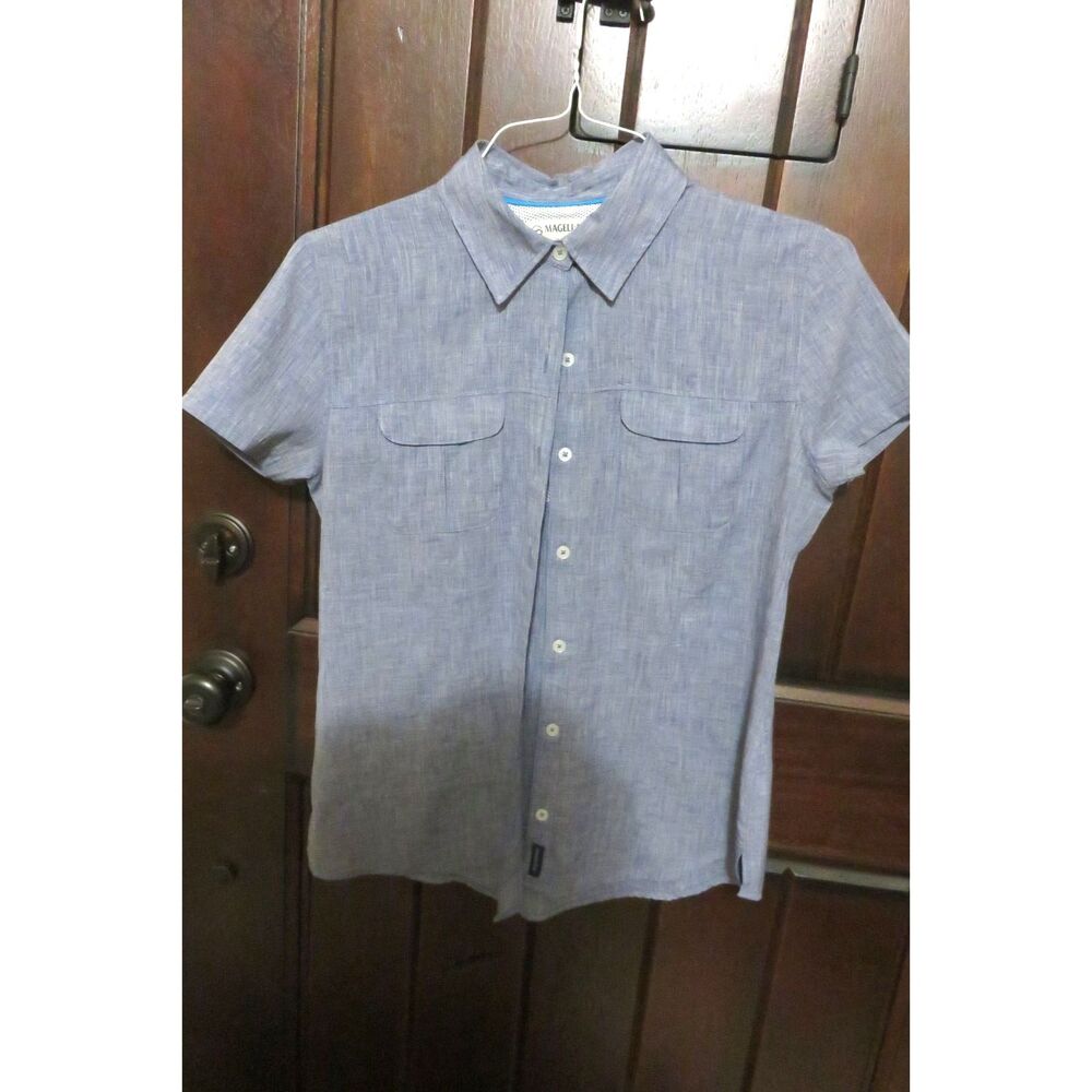 Magellan Outdoors Women's M Fish Gear Blue Shirt  Classic Fit